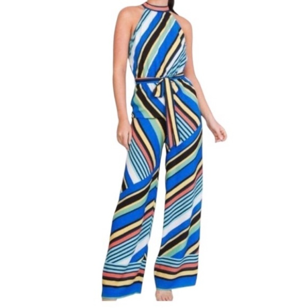 Halter wide leg jumpsuit with elastic waist. Self tie. Multi-colored print. (S)